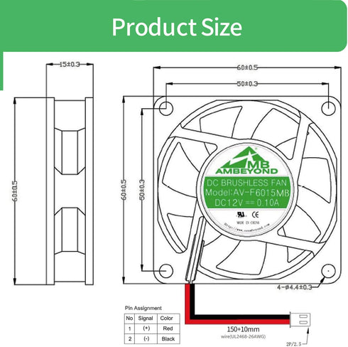 60mm by 60mm by 15mm 6015 12V DC 0.10A Ball Bearing Brushless Cooling Fan 2pin AV-F6015MB UL TUV...