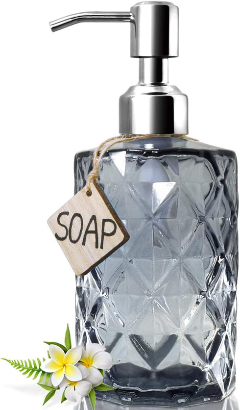 JASAI Diamond Design Glass Soap Dispenser with 304 Rust Proof Stainless Steel Soap Pump, 12 Ounce Kitchen Soap Dispenser for Bathroom, Hand Soap, ...