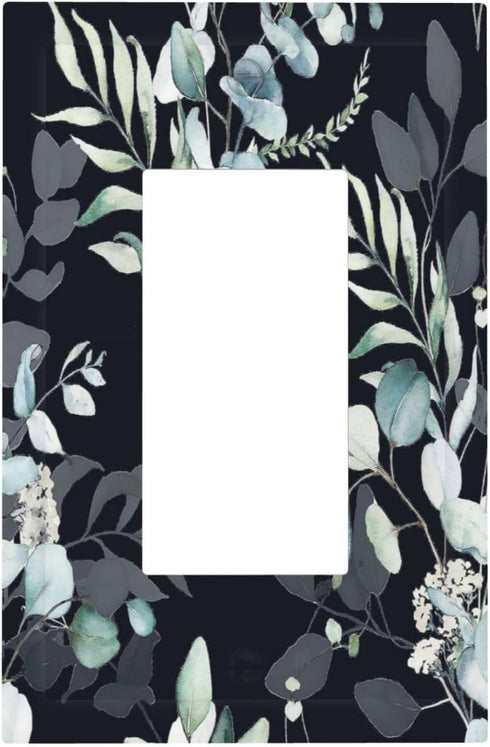 Decorative Switch Plate Covers Boho Black/Grey Eucalyptus Leaf Floral 1 Gang Single Decora GFCI Device Light Switch Cover 1 Rocker Outlet Wall Pla...