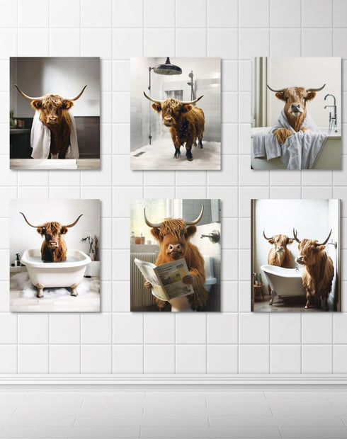 MINI ZOZI Cow Bathroom Decor 8x10 6PCS Canvas Pictures Wall Decor Funny Highland Cow Prints Art Rustic Farmhouse Modern Style Restroom Bath Painti...