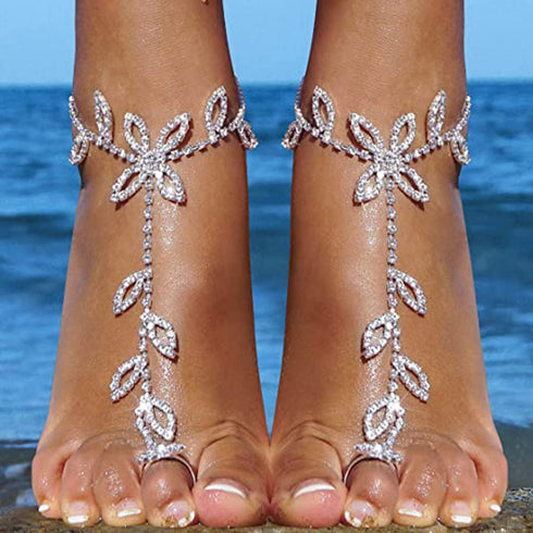 Chargances Boho Rhinestone Foot Chain with Toe Ring Crystal Barefoot Sandals Ankle Bracelet Beach Wedding Ankle Chain Jewelry for Women and Girls(...