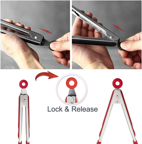 Cooking Tongs 9 inches and 12 inches Stainless Steel Kitchen Silicone Serving Tong Heat Resistant Meat Turner Spatula Tong Fish Tongs with Locking...