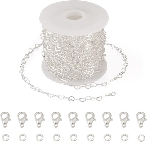 Pandahall 15.7-16.4 Feet Silver Heart Link Chains 5x3.5x0.4mm Soldered Brass Love Heart Cable Chains Spool with 20Pcs Lobster Claw Clasps 30Pcs Ju...