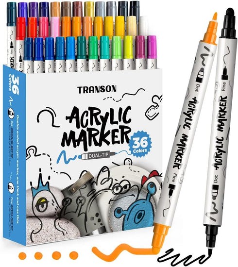 TRANSON 36 Color Dual-tip Acrylic Paint Pen Set for Canvas Rock Wood Leather Ceramic DIY Painting...