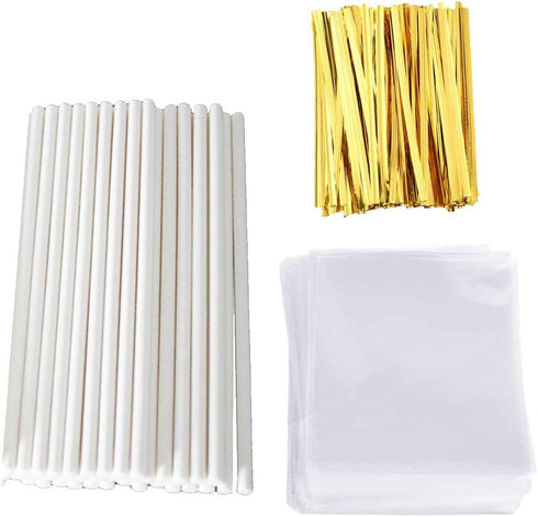 Lollipop Stick (6 inch), Candy Wrappers and Twist Ties Set, 100 Papery Lollipop Sticks (6 inch), 200 Lollipop Bags and 200 Twist Ties (500Pcs)...