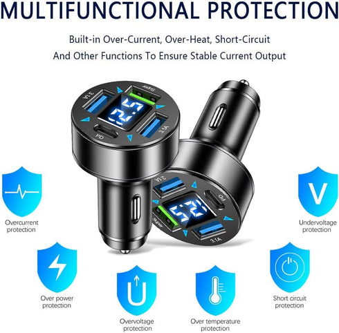Car Charger,4 Ports Super Fast Car Charger Adapter with Voltmeter,PD 3.1/Super Port Cigarette Lighter USB Charger Compatible with iPhone 14/13/12,...