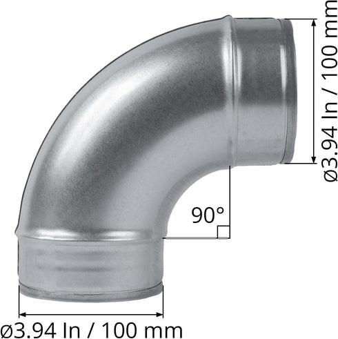 4" Inch 90? Degree Galvanized Steel Duct Elbow - Pressed Industrial Connector Bend - Ventilation Pipe Fitting - Dryer, Exhaust, Extractor Hood Air...