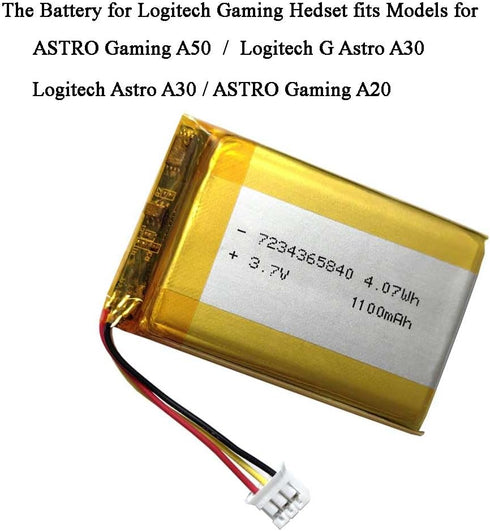 AOLIKES 1100mAh 3.7V Rechargeable Lipo Battery Replacement for Logitech G Astro A30, Astro Gaming A50, Astro Gaming A20 Wireless Headset...