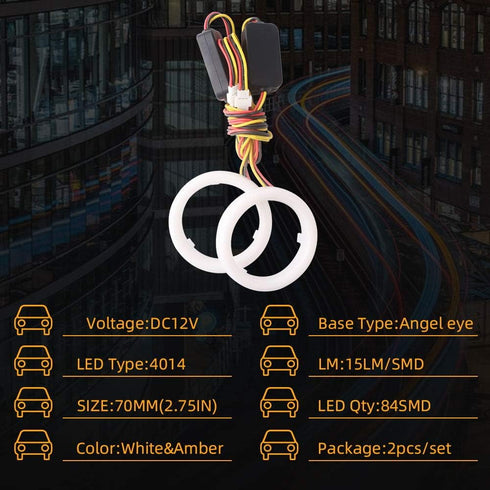 Qasim 1-Pair 70MM White+Amber Switchback 84SMD 4014 LED Car Angel Eyes Halo Ring DRL Fog Light Turn Signal Light Lamp 12V...