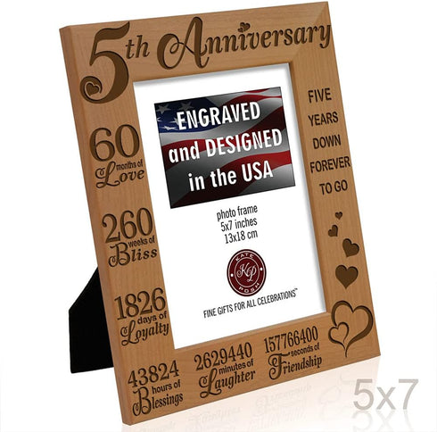 KATE POSH 5th Anniversary Engraved Natural Wood Picture Frame and Gifts, 5th Wood Wedding Anniversary (5x7-Vertical)...