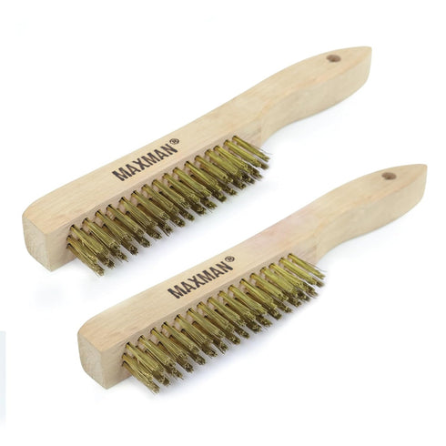 MAXMAN Brass Brush, Heavy Duty Brass Wire Brush Set 2Pcs, Metal Brush, Wire Brushes for Cleaning Rust with 10"Curved Beechwood Handle...
