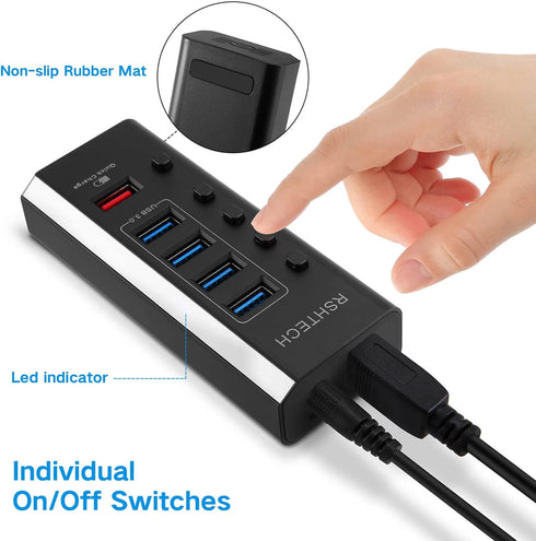 Powered USB Hub, RSHTECH USB 3 Hub with 4 USB 3.0 Data Ports + 1 USB Fast Charging Port, USB Splitter with 24W(12V/2A) Power Adapter and Individua...