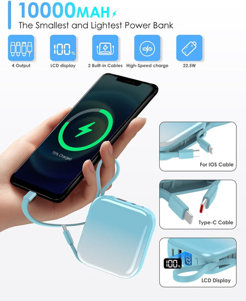 Mini Portable Charger Power Bank,22.5W 10000mAh Fast Charging Portable Phone Charger with Built in iOS and USB C Output Cable,LED Display Travel B...