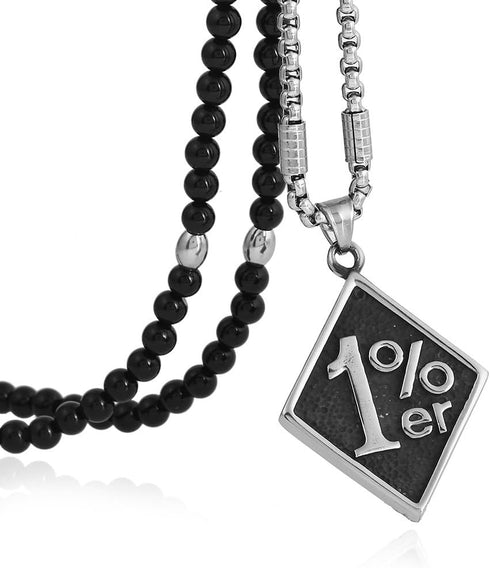 BLEUM CADE Men's Cool 316L Stainless Steel 1% er Pendant Necklace,Black Natural Agate Stone Chain 28"...