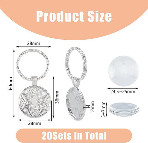 DICOSMETIC 20 Pcs Cabochon Keychain Kit Platinum Round Pendant Blank Alloy Tray Charms Blanks Trays for Photo with 20Pcs Glass Cabochon for DIY Je...