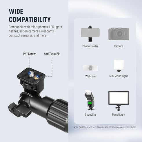 NEEWER Overhead Camera Mount Arm with Phone Clip, 22"/56cm 180°&360° 2 Section Flexible Holding Arm for Desk Stand, Fits 0.87"-1.1" Tube, 5.5lb/2....