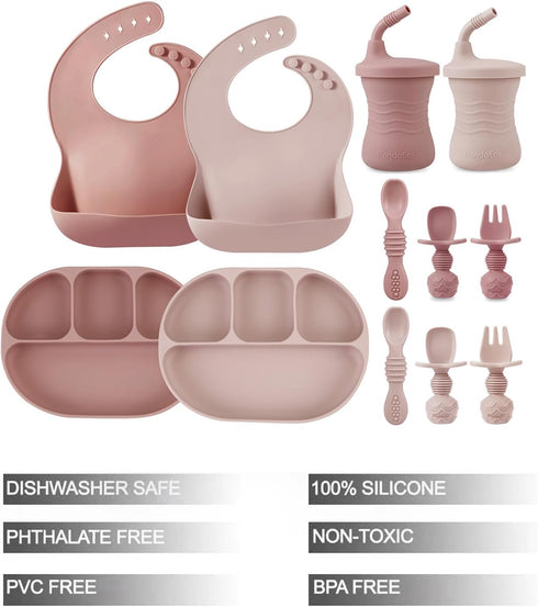 PandaEar 12PCS Silicone Baby Feeding Set | 2 Sectioned Baby Suction Plate, 2 Baby Bibs, 2 Toddler Cup, 4 Baby Spoons & 2 Baby Forks | Baby Led Wea...