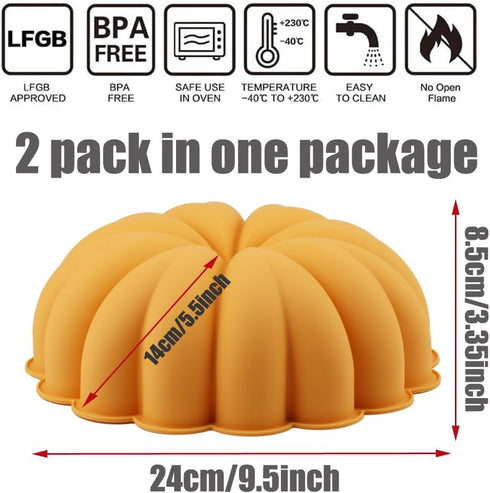 Silicone Bundt Cake Pan - 2 Pack 9 Inch Yellow Large Pumpkin Shaped Silicone Mold, Non-stick Food Grade Easy To Release Cake Mold For Bundt Cake, ...