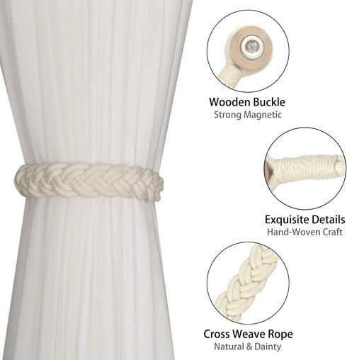 BEL AVENIR Curtain Tiebacks Magnetic Woven Curtain Holdback Drapery Tie-Back (Ivory Braid-2 Pack)...