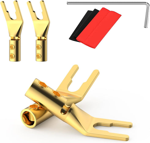 HiFi Speaker Y Spade Connectors, Dual Screw Locking Speaker Cable Plug, Fork Spade Connectors with Allen Wrench for Speaker Wire DIY 4PCS (Gold Pl...