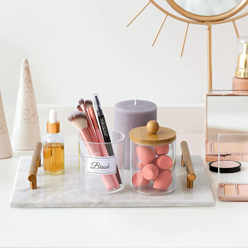 2 Pack Qtip Holder Dispenser with Bamboo Lids - 10 oz Clear Plastic Apothecary Jar Containers for Vanity Makeup Organizer Storage - Bathroom Acces...