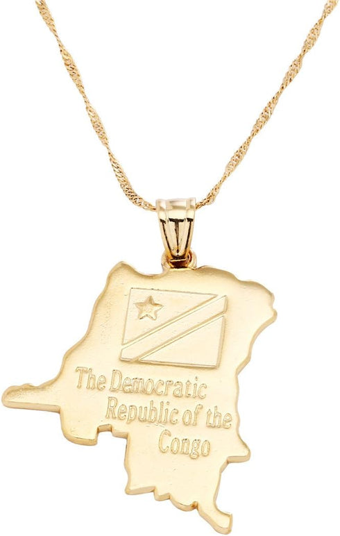 18K Democratic Republic of The Congo National Map Gold Plated DRC Kinshasa Pendant Necklace...