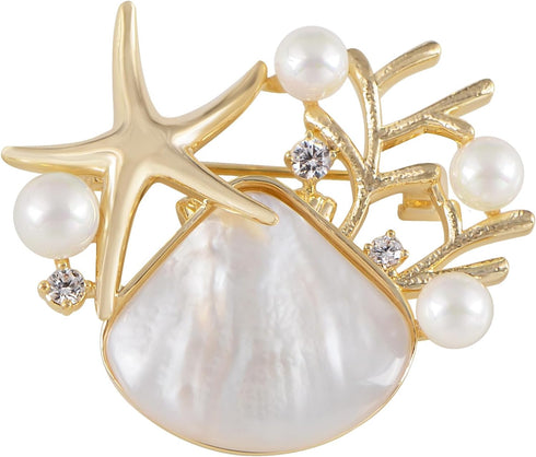 Alilang Elegant Zircon Gold Starfish Shell Pearl Brooch Pins For Ladies Inlay Sea Animal Jewelry Brooches...