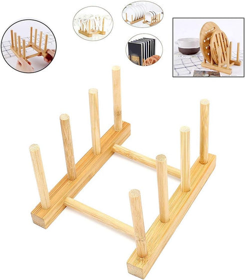 2Pcs Home Kitchen Natural Bamboo Slip Drain Dish Rack, Bamboo Wood Plates Rack/Pans/Cups Dish Rack...