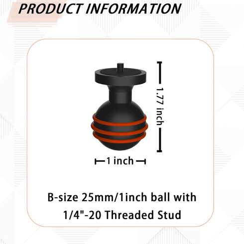 Aluminum Alloy 1''/25mm Ball Adapter with 1/4"-20 Threaded Stud Compatible with RAM Mounts B Size Double Socket Arm&Applicable to GoPro Insta360,D...