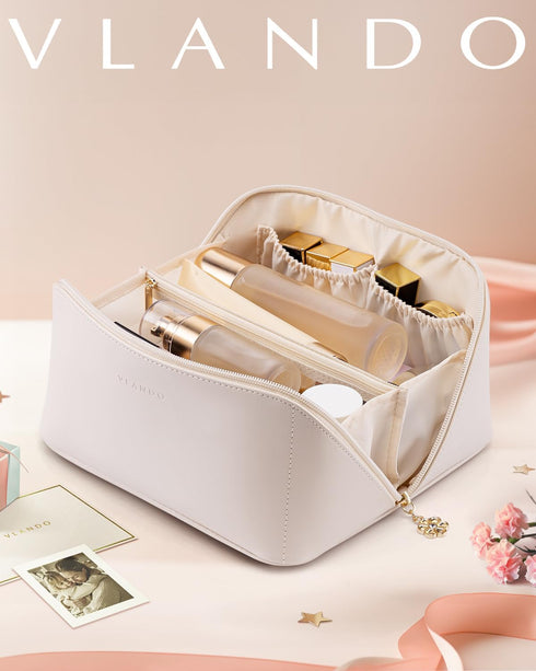 Vlando Travel Makeup Bag,PU Leather Portable Make up Bag Toiletry Bag for Women Open Flat Makeup Organizer with Divider and Handle White...