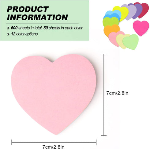 Self-Sticky Notes, Sticky Notes, 12 Colors Heart Bright Colorful Sticky Pad, for School Office Bible Study 2.76 x 2.76 Inch 600 Sheets...