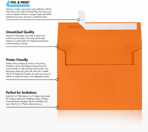 LUXPaper A7 Invitation Envelopes | Peel & Press | 5 1/4" x 7 1/4" | Mandarin Orange | 80lb. Text | 50 Qty...