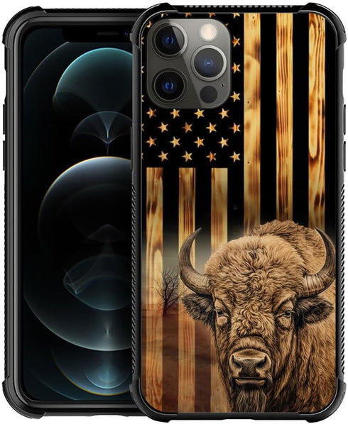 TnXee Case Compatible with iPhone 12 Case, Wood Grain American Flag Cow@Bison Pattern Design case for iPhone 12 Pro Cases for Mans Women, Shockpro...