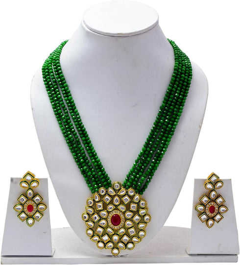 Jewar Necklace Layered Onyx Crystal Beads Gold Plated Pearl Polki Ad Cz Multi Stones Gold Tone Meena Work With Matching Earrings Long Jewelry Set ...