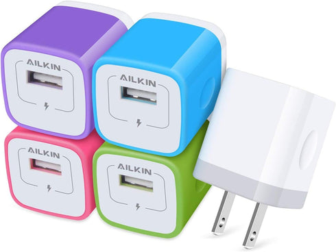 USB Charger Cube, Wall Charger Plug, AILKIN 1A 1-Port USB Power Adapter Charging Station Box for Apple iPhone AC Cargardor Wall Outlet Multi 5 Pac...