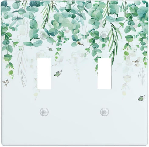 Green Eucalyptus Leaves Light Switch Cover Double Toggle 2 Gang Wall Plates Decorative Electrical Outlet Faceplate for Bathroom Kitchen Bedroom Li...