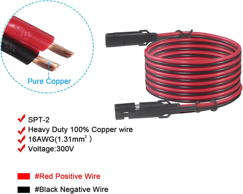 12FT SAE to SAE Extension Cable 16AWG- SAE Extension Cord, SAE 2Pin Bullet Quick Connect 16awg Heavy Duty Wire Harness with Waterproof Cap...
