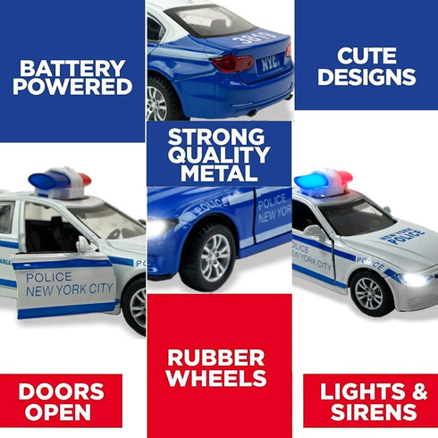 2 Pack Metal Diecast NY Police Cars Pull Back Battery Powered with LED Headlights and Siren Sounds 1:32 Scale...