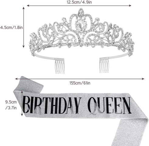VELSCRUN Tiara for Women Silver, Happy Birthday Queen Tiara, Crown for Girls with Birthday Girl Sash, Crowns for Women with Rhinestone...