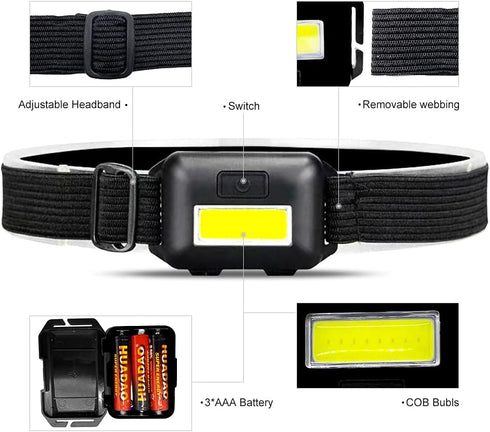 8 Pack Led Headlamp for Adults and Kids, 1.1oz/31g COB Flood Light Ultra Bright Head Lamp with 3 Modes 24 AAA Batteries, Waterproof Work Flashligh...