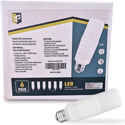 EP 75W Equivalent LED Bulb - 12W 1100 Lumens 5000K Daylight White Non-Dimmable E26 Medium Base - Bright Bulbs for Home, Bedroom, Office Lamp, 6 Pa...