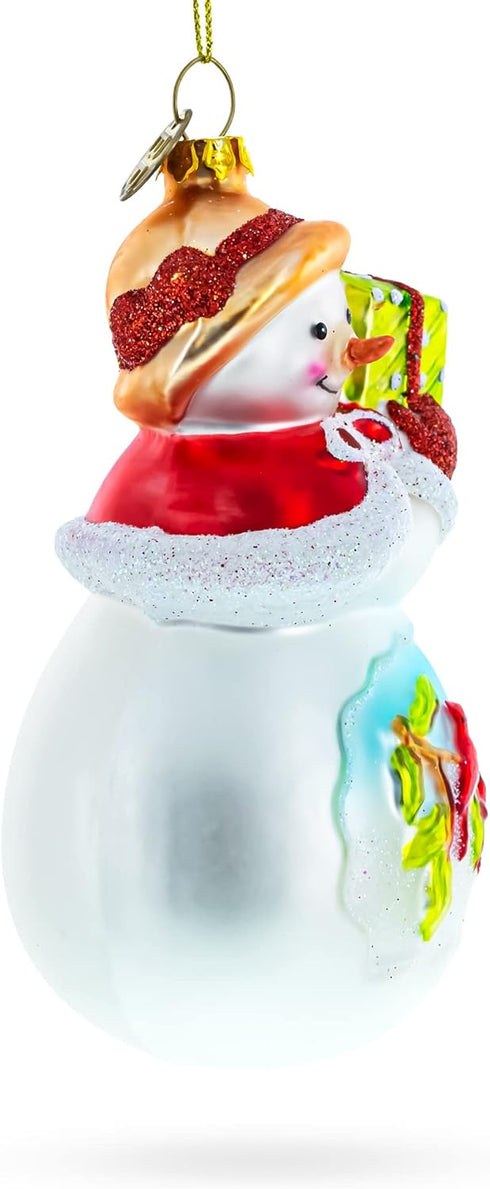 Snowman with Red Cardinals Holding a Gift Blown Glass Christmas Ornament...