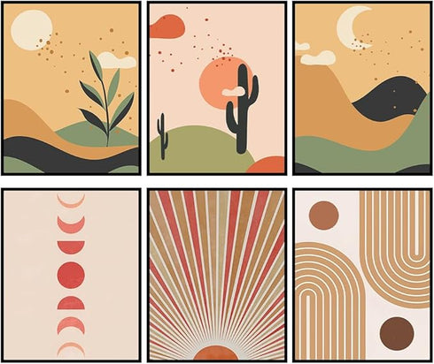 Posterizer 6 pcs-Mid Century Modern Sun , Moon, Desert Poster-Abstract & Modern Art-Landscape & Nature Art-Gift for Street Art, Mural Fans-Decor f...