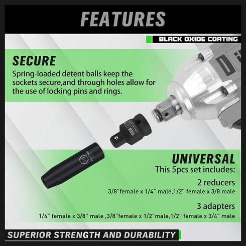 SWANLAKE GARDEN TOOLS 5-Piece Cr-V Steel Impact Socket Adapter Set, 0.375in, Fastener Drive Bit...