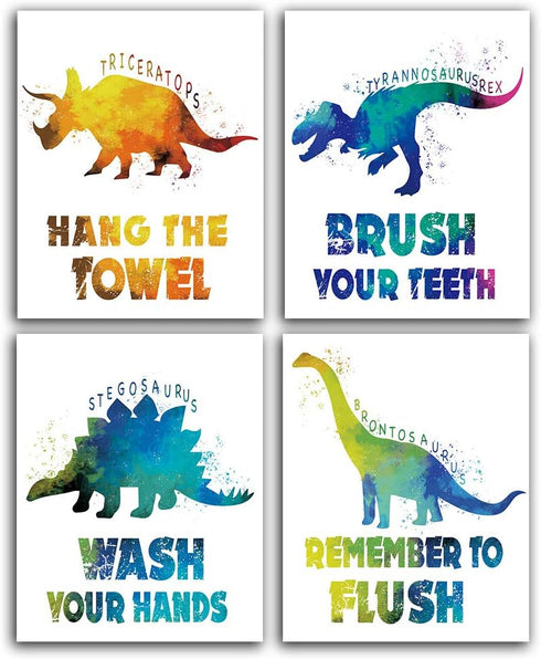 CHIEN-CHI LILI Wash Your Hands Dinosaur Bathroom Art Prints Set of 4(8”X10”), Motivational Quote Bathroom Room Decor for Kids Girls Boys Daughter ...
