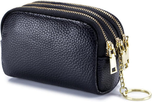 3 Zippered Genuine Leather Coin Purse Triple Capacity Change Pouch Little Travel Wallet With Key Ring for Women...
