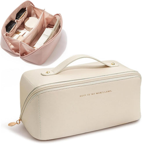 Portable Make Up Bag, Large Capacity Travel Cosmetic Bag, PU Leather Double-layered, Waterproof Portable Leather Makeup Organizer Bag for Skin Car...