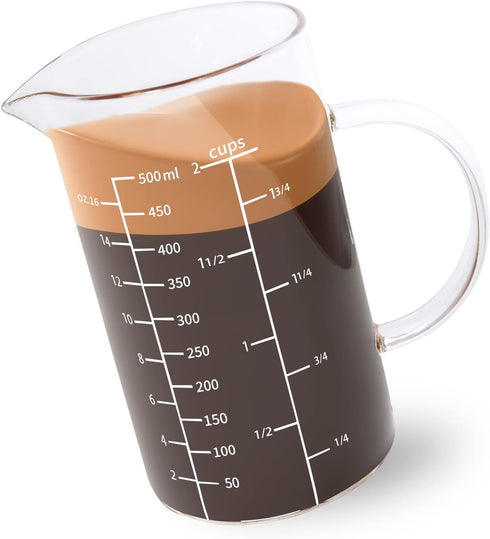 Newness Glass Measuring Cup with Handle, 500 ML (0.5 Liter, 2 Cup) Measuring Cup with Three Scales (OZ, Cup, ML/CC) and V-Shaped Spout, Measuring ...
