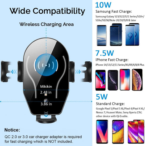 Wireless Car Charger Mount, Mikikin Auto-Clamping Qi 10W 7.5W Fast Charging Car Phone Holder Air Vent Compatible with iPhone 14 13 12 Pro Max Mini...