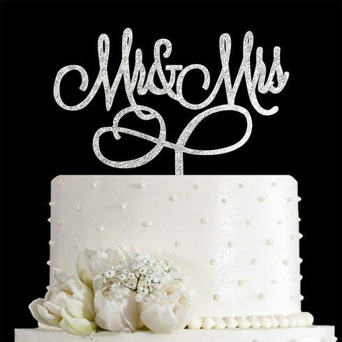 Mr and Mrs Cake Topper Bride And Groom Sign Wedding Engagement Cake Toppers Decorations (Silver Glitter Acrylic)...